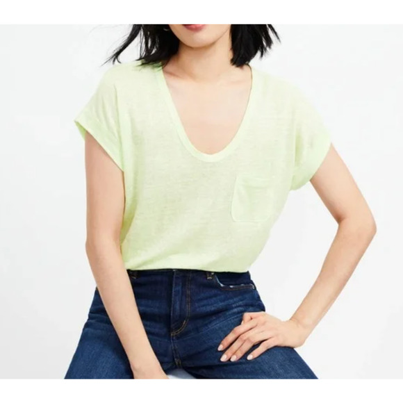 LOFT Women's Linen Pocket Tee Lightweight Short Sleeve Lime Yellow Green Size S - Picture 1 of 10